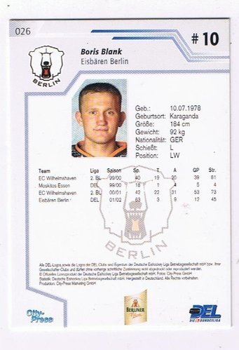 DEL Playerkarte 2002/2003 # 026 Boris Blank signiert Eisbären Berlin