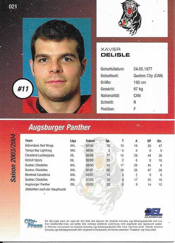 2003/2004 City-Press #021 Xavier Delisle – Augsburger Panther (Base Card)