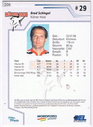 Playerkarte 2002/2003 #208 Brad Schlegel Kölner Haie