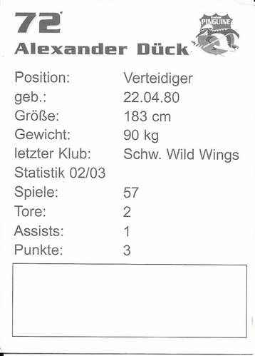 Autogrammkarte Alexander Dück Krefeld Pinguine Saison 2003/2004 7x9,5 cm