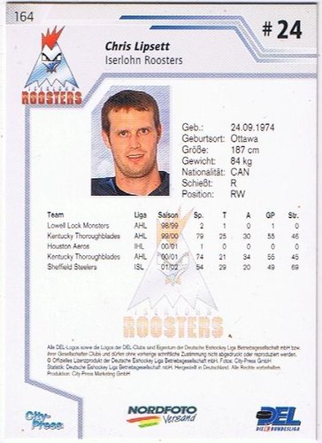 Playerkarte 2002/2003 # 164 Chris Lipsett Iserlohn Roosters