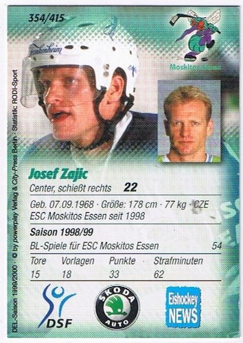 DEL Playercard 1999/00 Josef Zajic Moskitos Essen Nr. 354
