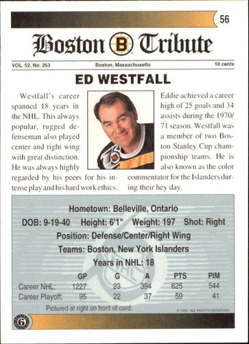 1991-92 Ultimate Original Six  #56 Ed Westfall Boston Bruins
