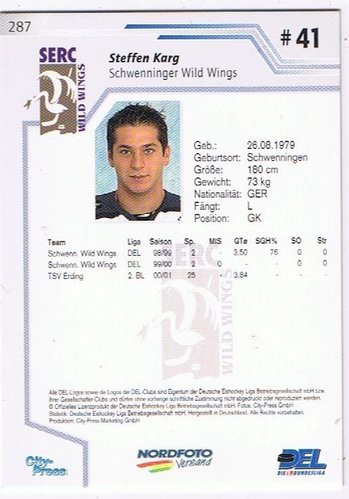 Playerkarte 2002/2003  # 287 Steffen Karg Schwenninger Wild Wings
