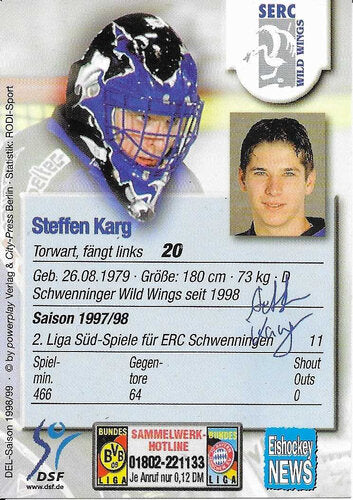 Playerkarte 1998/1999 #220 Steffen Karg Schwenninger Wild Wings