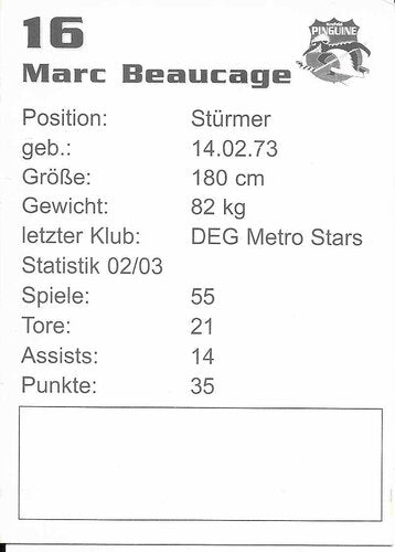 Autogrammkarte Krefeld Pinguine 2003/04 Marc Beaucage 7x9,5 cm