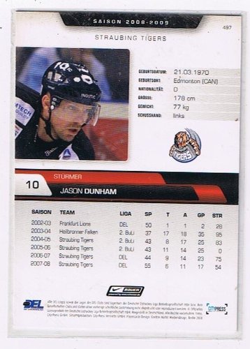DEL Playerkarte 2008/2009 #497 Jason Dunham Straubing Tigers