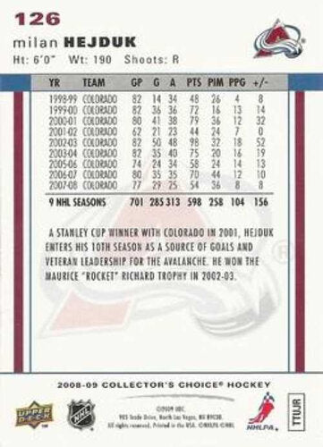 2008-09 Upper Deck Collector's Choice #126 Milan Hejduk Colorado Avalanche (Base-Card)