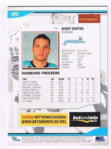 DEL Playerkarte 2005/06 Benoit Gratton #104 – Hamburg Freezers Sammlerkarte Eishockey