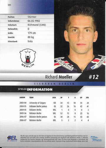 DEL Playercard 2007/08 #095 Richard Mueller Eisbären Berlin