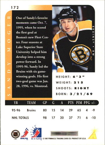 1996/1997 Be a Player #172 Sandy Moger – Boston Bruins (Base Card)