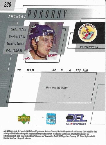 Playerkarte 2000/2001 #230 Andreas Pokorny Iserlohn Roosters