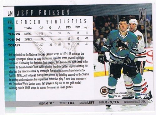1996-97 Donruss #79 Jeff Friesen San Jose Sharks (Base Card)