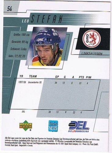 DEL Playerkarte 2000/2001 Leo Stefan #54 Düsseldorfer EG Upper Deck