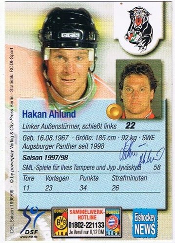 Playerkarte 1998/1999 Hakan Ahlund #276 Augsburger Panther