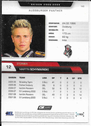 2008/2009 City-Press #143 Martin Schymainski – Augsburger Panther (Autograph Card)