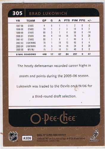 Playerkarte O-Pee-Chee 2006/2007 #305 Brad Lukowich New Jersey Devils
