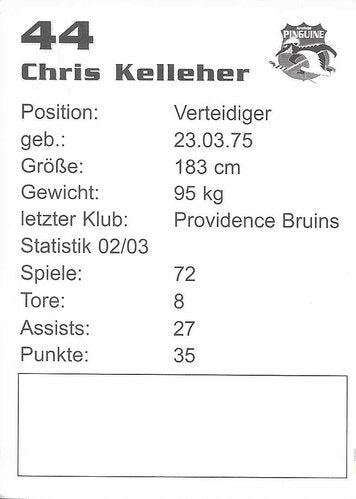 Autogrammkarte Chris Kelleher 2003-04 Krefeld Pinguine
