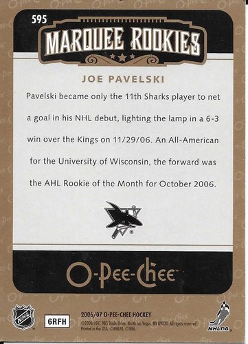 06-07 O-Pee-Chee #595 Joe Pavelski San Jose (Rookie-Card)