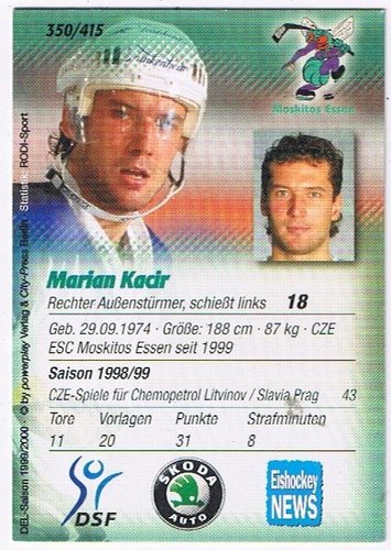 DEL Playerkarte 1999/00 Marian Kacir Moskitos Essen