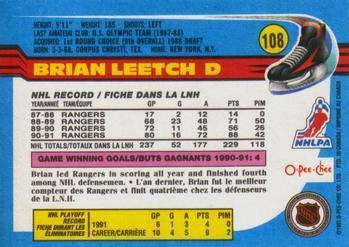 1991-92 O-Pee-Chee #108 Brian Leetch New York Rangers (Base Card)
