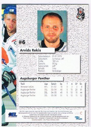 2006/2007 City-Press #011 Arvids Rekis – Augsburger Panther (Serie 1 Base Card)