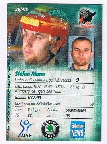 Playerkarte 1999/00 Stefan Mann #26 Nürnberg Ice Tigers