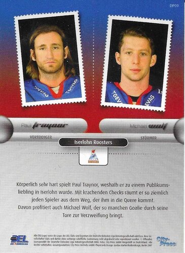 Playerkarte 2007/2008 #DP09 Sonderkarte Double Pack Paul Trayner/Michael Wolf Iserlohn Roosters