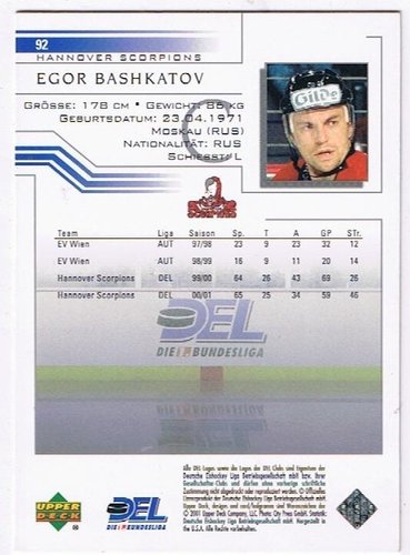DEL Playerkarte 2001/2002 – Egor Bashkatov – Hannover Scorpions – Upper Deck #92