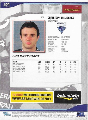 Playerkarte 2005/2006 #152 Christoph Melischko ERC Ingolstadt