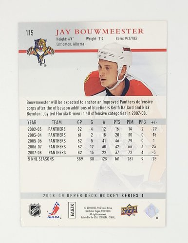 2008/2009 Upper Deck #115 Jay Bouwmeester – Florida Panthers (Base Card)