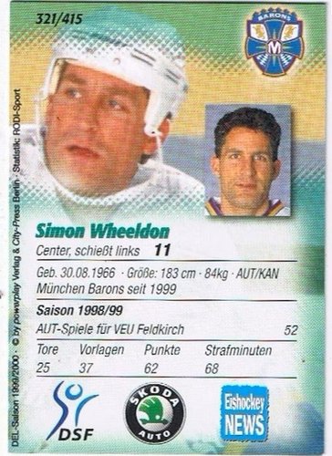 DEL Playerkarte Simon Wheeldon 321 München Barons 1999/2000