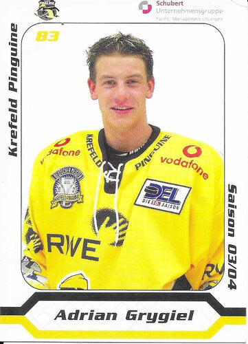 Autogrammkarte Adrian Grygiel Krefeld Pinguine Saison 2003/2004 7x9,5 cm