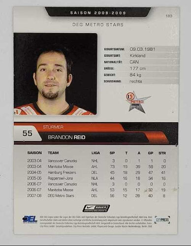 2008/2009 City-Press #183 Brandon Reid – Düsseldorfer EG (Base Card)
