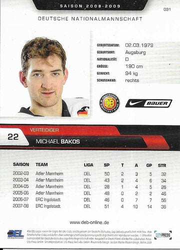 Michael Bakos Playerkarte 2008/2009 #031 Deutsche Nationalmannschaft