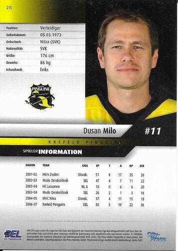 Playerkarte 2007/2008 #215 – Dušan Milo – Krefeld Pinguine – DEL Verteidiger