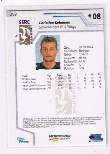 2002-03 DEL Playercards #289 Christian Kohmann Schwenninger Wild Wings (Base Card)