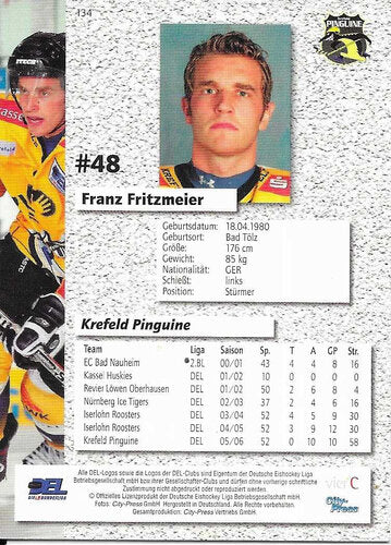 Playerkarte Franz Fritzmeier #134 – DEL 2006/07 – Krefeld Pinguine