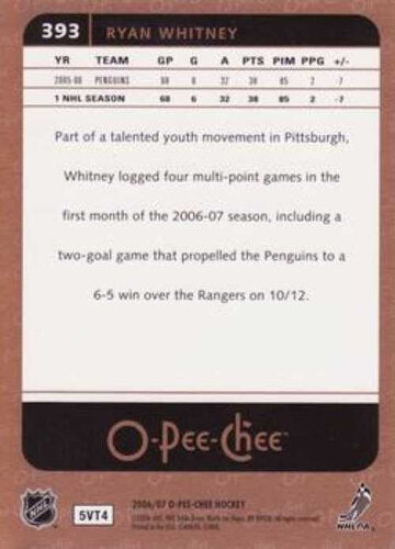 2006-07 O-Pee-Chee #393 Ryan Whitney Pittsburgh Penguins Card