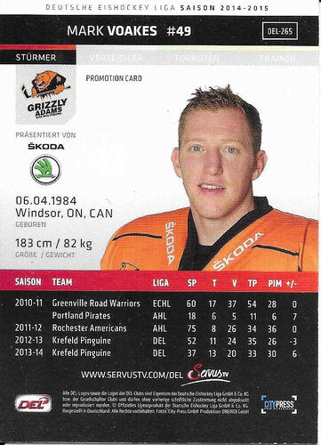 Playerkarte 2013/2014 #265 Mark Voakes Grizzly Adams Wolfsburg Promotion Card