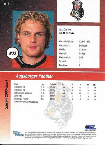 2003/2004 City-Press #017 Björn Barta – Augsburger Panther (Base Card)