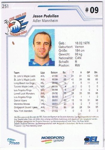 Jason Podollan DEL Playerkarte 2002/2003 Adler Mannheim City Press