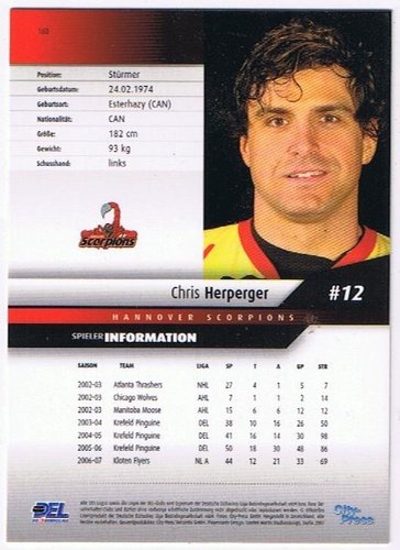2007-08 Playercards DEL #160 Chris Herperger Hannover Scorpions (Base-Card)