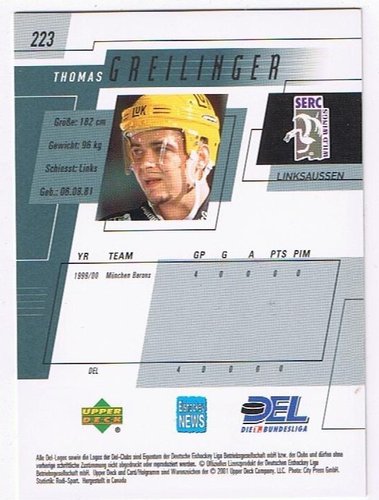 Playerkarte Thomas Greilinger Schwenninger Wild Wings 2000/2001 Upper Deck