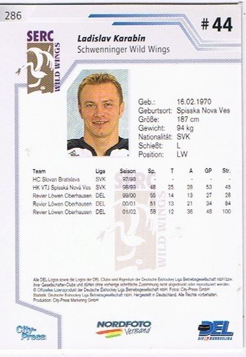 Playerkarte 2002/2003 Ladislav Karabin Schwenningen