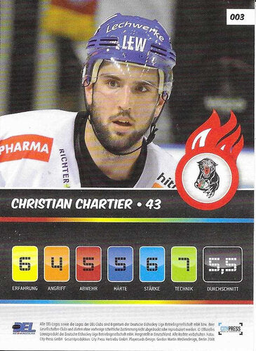 2008/2009 City-Press Trade & Play #003 Christian Chartier – Augsburger Panther (Base Card)