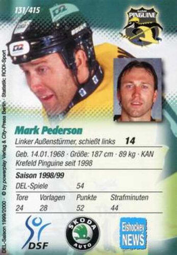 Mark Pederson Playerkarte 1999/2000 #131 Krefeld Pinguine