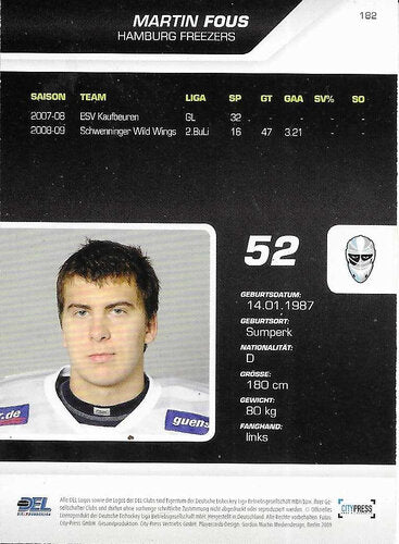 Playerkarte Martin Fous #182 – Hamburg Freezers 2009/2010 City Press