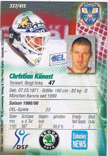 Christian Künast Playercard DEL 1999/00 – München Barons Sammlerstück
