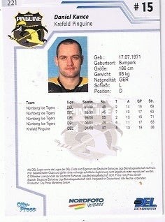 Daniel Kunce Playerkarte 2002/03 – Krefeld Pinguine, Kartenummer #221